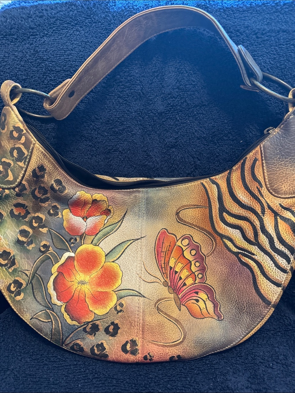 Hand-Painted Floral & Butterfly Shoulder Bag in Multicolor